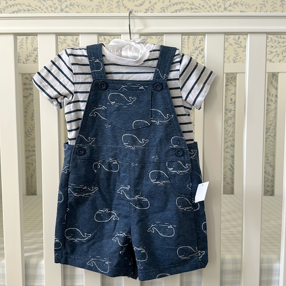 NWT Little Me whale print overalls and striped tee size 18 months